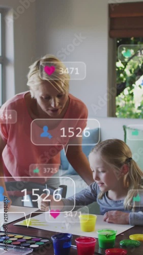 Animation of notification bars over caucasian mother helping daughter in drawing at home