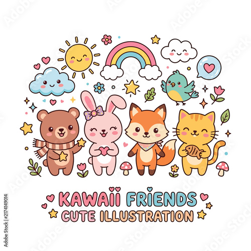 Kawaii cartoon animal friends illustration with rainbow and stars cute graphic design