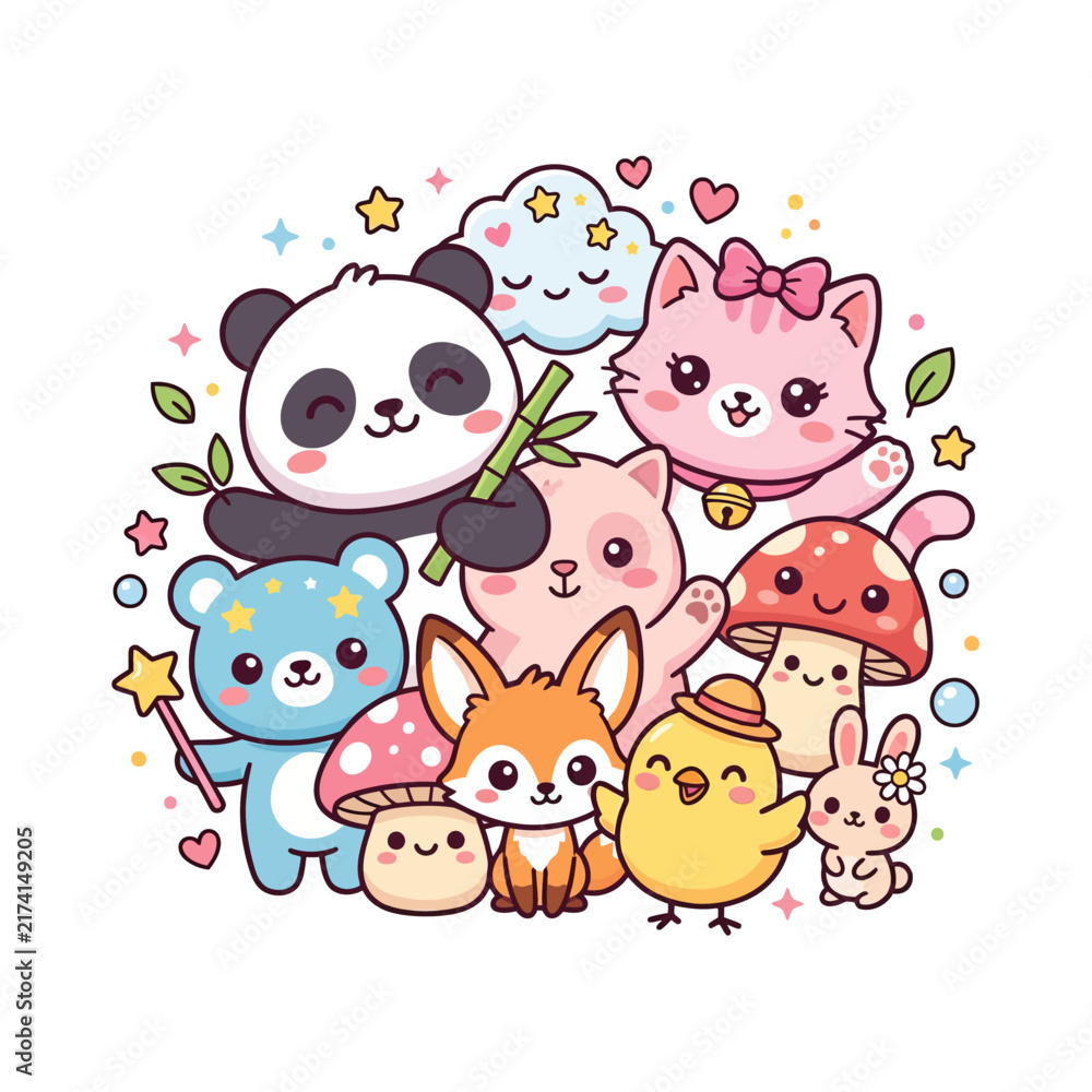 Naklejka premium Charming cartoon animal characters posing together in a playful kawaii style with pastel colors and floral elements