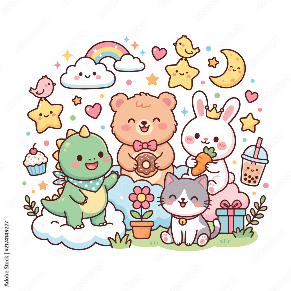 Fototapeta premium Whimsical cartoon animals celebrating friendship with pastel colors and dreamy background elements