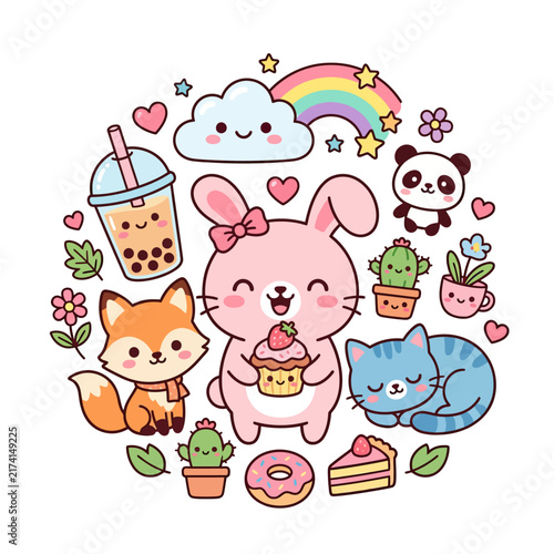 Adorable kawaii cartoon bunny with boba tea and pastries surrounded by cute animals and flowers