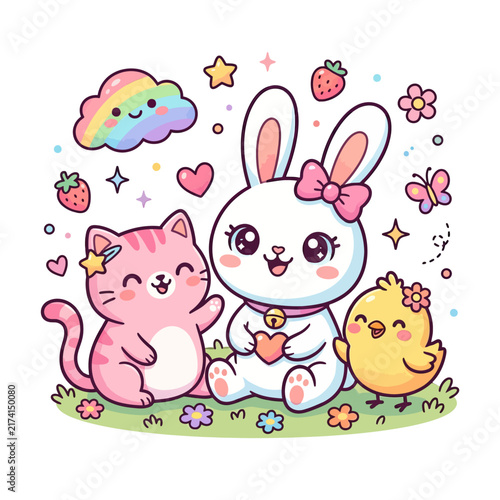 Adorable cartoon animals trio with pastel colors sitting on a whimsical flower field background