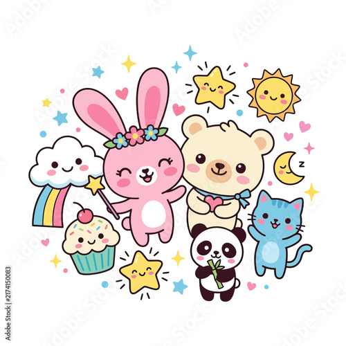 Adorable kawaii cartoon animals with pastel colors floating in a whimsical dreamy sky
