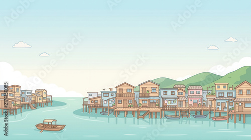 Picturesque seaside village featuring vibrant wooden homes on stilts beside the water beneath a bright blue sky