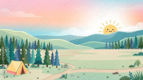 A vibrant sunrise illuminating a peaceful camping site surrounded by a lush green landscape