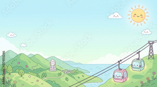 Vibrant landscape featuring cable cars serene buddhas and a sunny sky above lush green hills