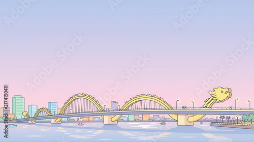 Vibrant artistic depiction of a dragon bridge during sunset with a city skyline in the background
