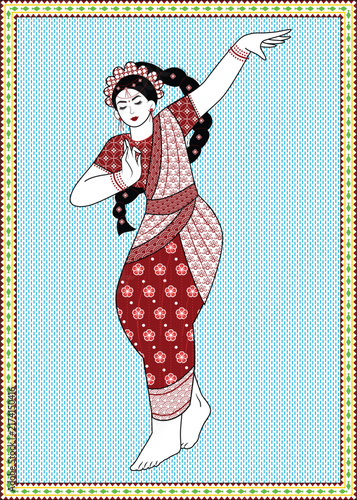 Indian Madhubani art women in vibrant traditional attire. Dancing woman folk art vector design. Kantha Motif, Folk Painting, Gurupada Chitrakar, Madhubani, Warli and Gond art. 