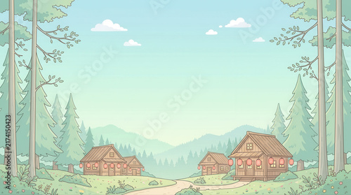 Enchanting animated village nestled among vibrant forests and majestic mountains beneath a bright blue sky