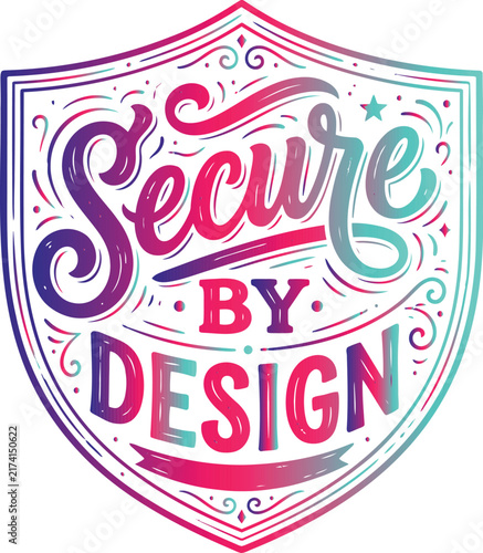 Secure by design creative calligraphy text illustration inside shield frame in vibrant pink and purple gradient tones.