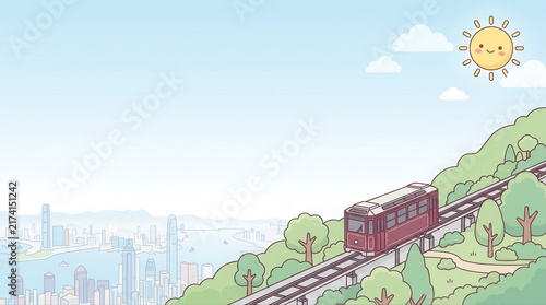Colorful cartoon train on a scenic hilltop track overlooking a vibrant city skyline and bright blue sky
