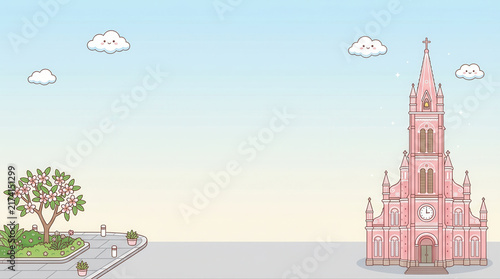 Beautiful pink church nestled among vibrant green trees under a serene blue sky