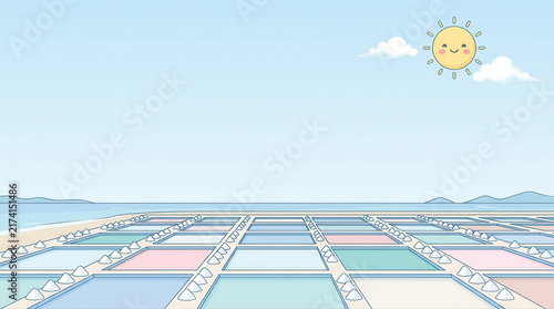 A colorful beach landscape with sun and ocean in the background featuring geometric shapes and serenity