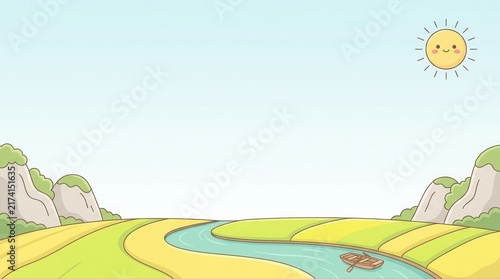 Peaceful animated scenery featuring a riverboat under a radiant sun against a backdrop of a clear blue sky