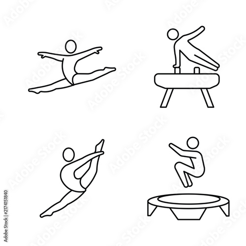 Collection of artistic gymnastics outline vectors displaying different athletic skill routines.