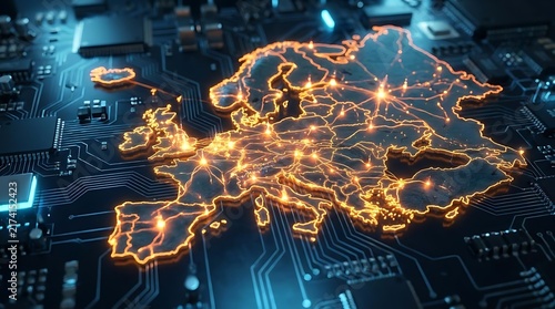 Digital map of Europe on glowing circuit board