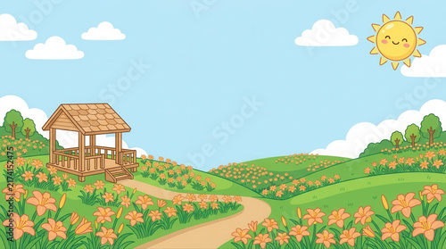 Beautiful garden scene featuring a gazebo and vibrant flowers under bright sunshine