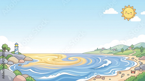A colorful seaside landscape featuring crashing waves and a lighthouse basking in the warm sunlight