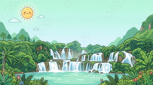 A peaceful waterfall scene surrounded by vibrant green foliage and a bright sun depicted in a whimsical cartoon illustration