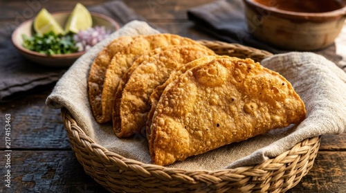Golden fried crispy pastries served in a woven basket with fresh lime and onion garnish