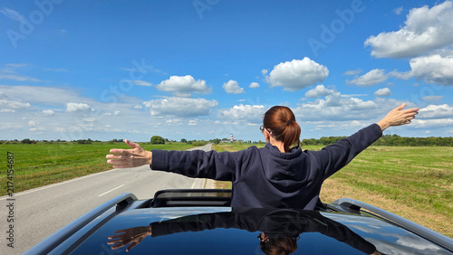 Woman, back and stretching with sunset by car for road trip, adventure or stop on outdoor journey. Female person enjoying break, summer vacation or travel for freedom, view or drive for sightseeing tr