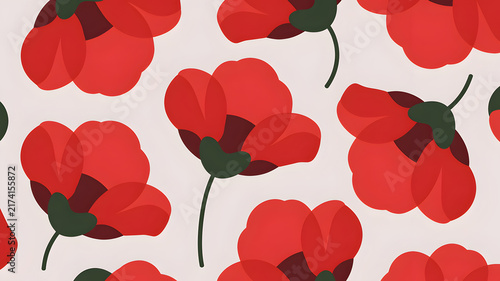 Scarlet poppies in a repeating pattern with subtle shading and smooth stems