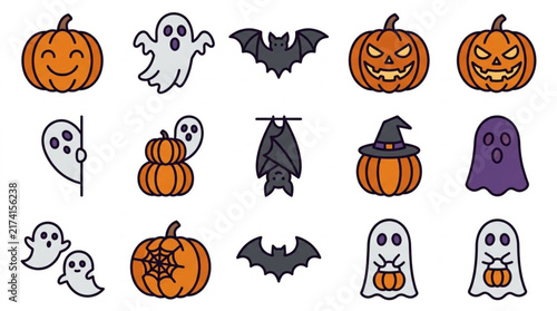 Konstfotografi Halloween Pumpkins Ghosts and Bats Illustration Set.