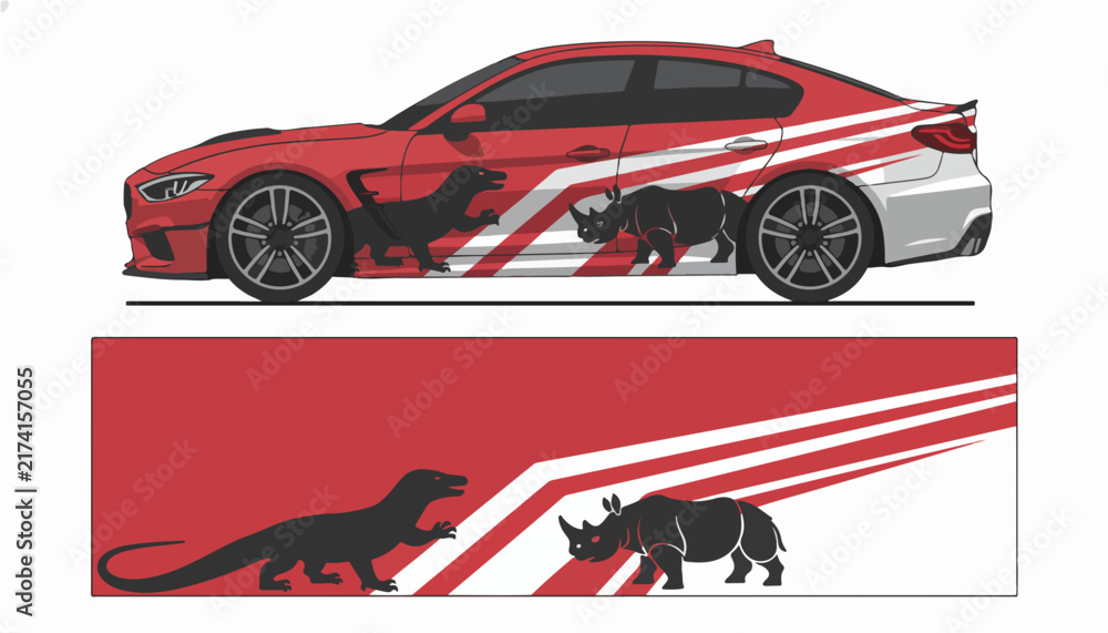 Naklejka premium Red Car Wrap Design with Rhino and Lizard Graphics.