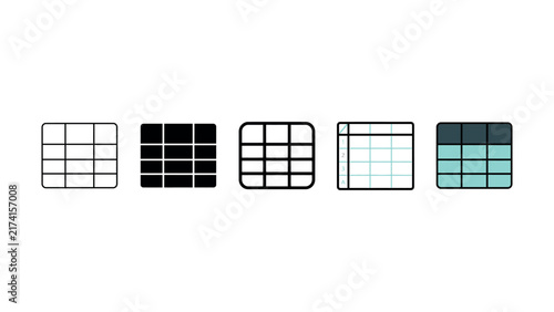 Set of five flat linear vector icons representing digital spreadsheet table grids for data management and organization software interface design