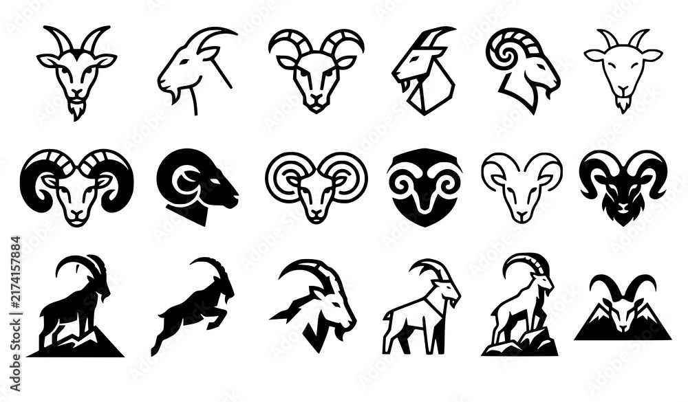 Fototapeta premium Stylized Goat Head with Curved Horns Vector Icon Set Horned Ram & Mountain Goat Silhouettes