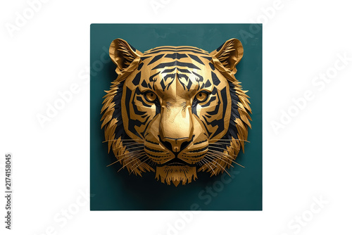 Detailed golden tiger head wall sculpture on a dark square plaque