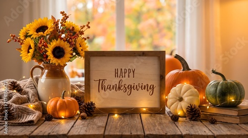 Happy thanksgiving rustic wooden table setting with sunflowers pumpkins and lights