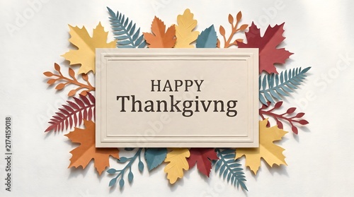 Happy thanksgiving card surrounded by colorful paper cut autumn leaves with thanksgiving