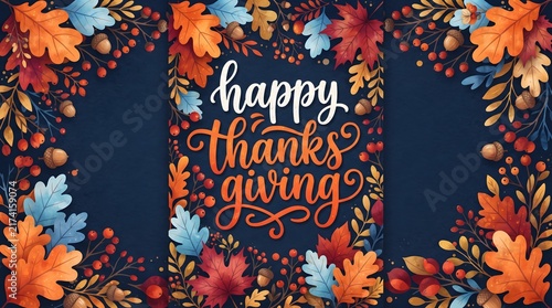 Happy thanksgiving text framed by watercolor autumn leaves and acorns with thanksgiving