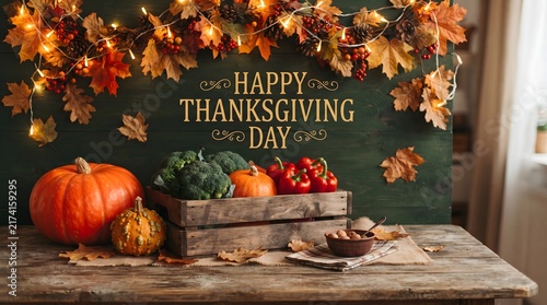 Happy thanksgiving day celebration setup with pumpkins and vegetables on a rustic table