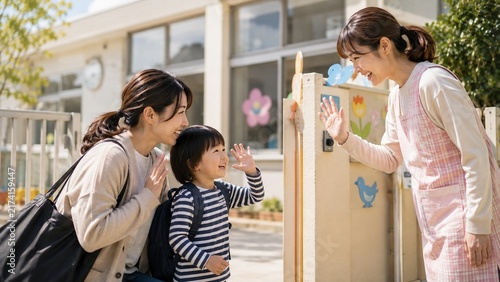 母親が幼い息子を保育園に送り届け先生と笑顔で挨拶を交わす温かい通園風景