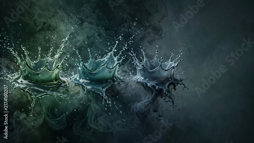 Three liquid splashes frozen mid-air, shimmering with colors from green to blue, reflecting on dark, smoky background