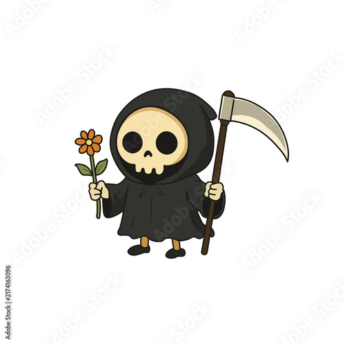 Foto Cute Grim Reaper Holding Scythe and Orange Flower Vector