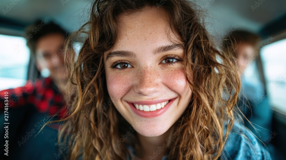 Fototapeta premium A cheerful young woman with curly hair and freckles smiling brightly while sitting in a vehicle, exuding joy and spontaneity, capturing a moment of happiness and freedom.