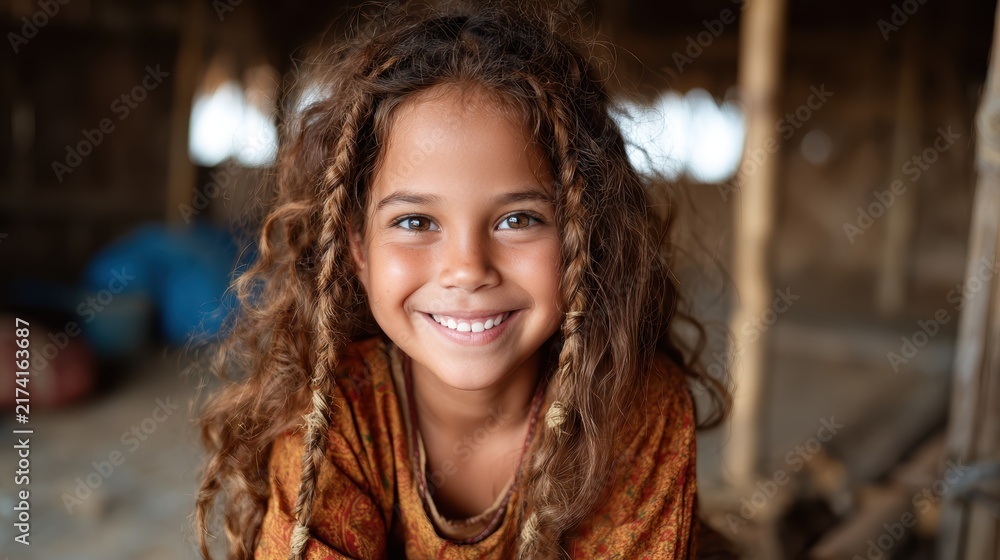 Fototapeta premium A smiling girl with curly hair dressed in warm earthy tones poses warmly in a cozy indoor setting, radiating joy and a sense of comfort in her surroundings.