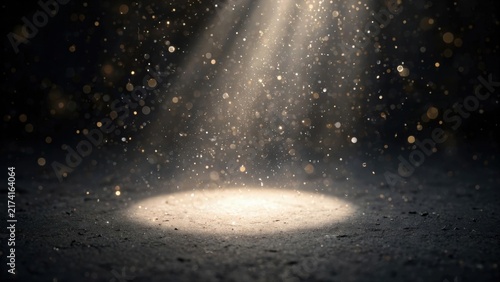 Spotlight on dust particles in a dark, textured space, casting a warm, ethereal glow