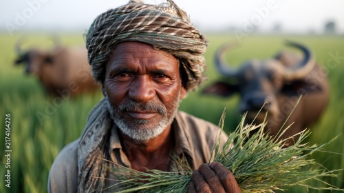 Plakat An elderly farmer stands proudly in a lush green rice field, holding fresh grass crop while buffalos graze peacefully, showcasing the beauty of rural life and agriculture.