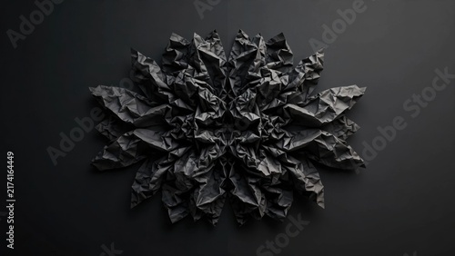 Black crumpled paper sculpture radiates like a bloom against a dark, muted background
