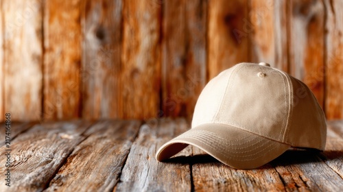 A simple beige baseball cap resting on a rustic wooden table, capturing the essence of casual style and outdoor adventure, perfect for relaxed moments and daily wear.