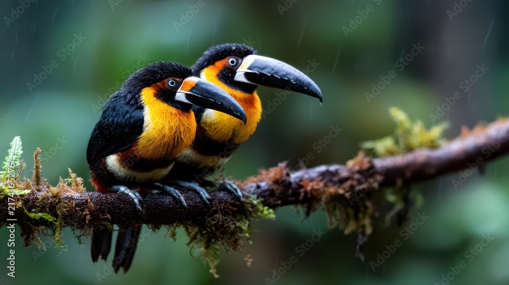 Obraz premium This vibrant image captures two toucans perched closely together on a branch, showcasing their colorful feathers and unique beaks in a lush tropical rainforest setting.