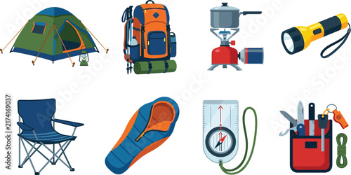 Camping Outdoor Equipment Illustration Collection with Tent Backpack and Adventure Gear