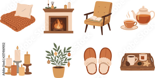 Cozy Home Interior Illustration Collection with Fireplace Tea and Winter Decor