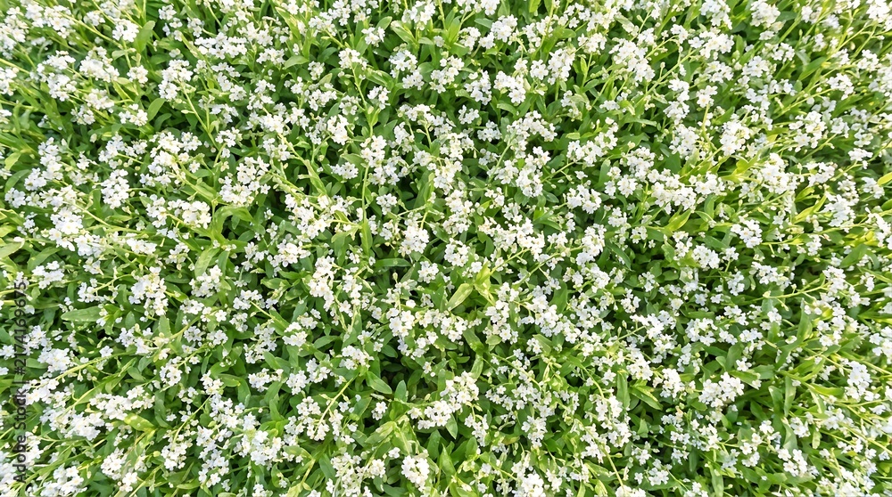 Fototapeta premium A vibrant, high-angle view captures a dense meadow carpeted with countless delicate white wildflowers and lush green foliage, symbolizing spring's renewal