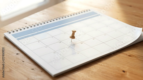 Wooden pushpin marking date on desktop calendar planner on wooden table
