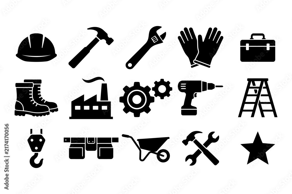 Fototapeta premium Set of black silhouette icons representing various labor elements including construction tools industrial equipment and safety gear for workers